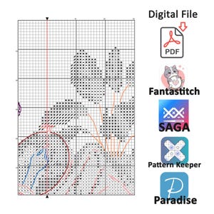 May include: A digital cross-stitch pattern with a grid design. The pattern features a floral design with a red circle and blue and orange lines. The words "Digital File" and the logos of Fantastitch, SAGA, Pattern Keeper, and Paradise are also visible.