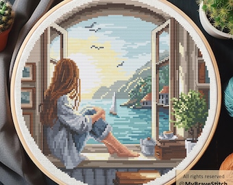 Girl at Summer Window Cross Stitch Pattern, Seascape View (PDF Pattern)
