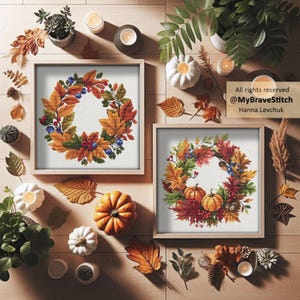 May include: Two framed cross-stitch wreaths featuring autumn leaves, berries, and pumpkins. The wreaths are surrounded by fall-themed decor, including candles, pumpkins, and leaves. The text "All rights reserved @MyBraveStitch Hanna Levchuk" is visible.