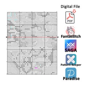 Puede incluir: Un patr&oacute;n de punto de cruz digital con una cuadr&iacute;cula de s&iacute;mbolos en blanco y negro. La imagen incluye un icono PDF y logotipos de Fantastitch, SAGA, Pattern Keeper y Paradise.