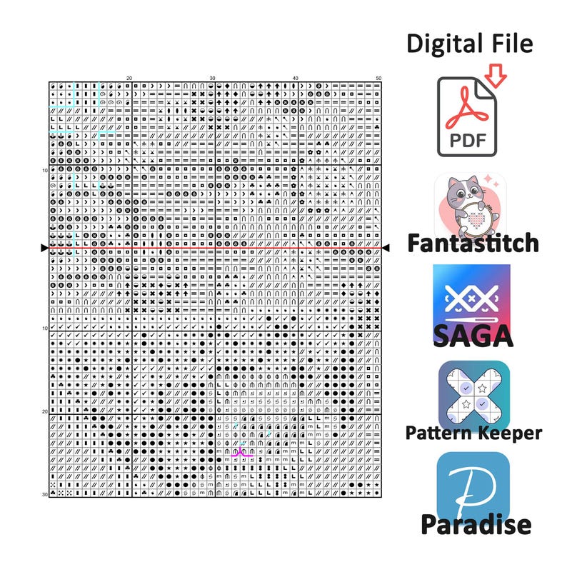 Puede incluir: Un patr&oacute;n de punto de cruz digital con una cuadr&iacute;cula de s&iacute;mbolos en blanco y negro. La imagen incluye un icono PDF y logotipos de Fantastitch, SAGA, Pattern Keeper y Paradise.