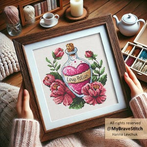 Puede incluir: Arte de punto de cruz en un marco de madera. La obra presenta una botella de poción con un diseño en forma de corazón y las palabras "Love Potion". Flores rosas y hojas verdes rodean la botella. El marco es sostenido por una persona.