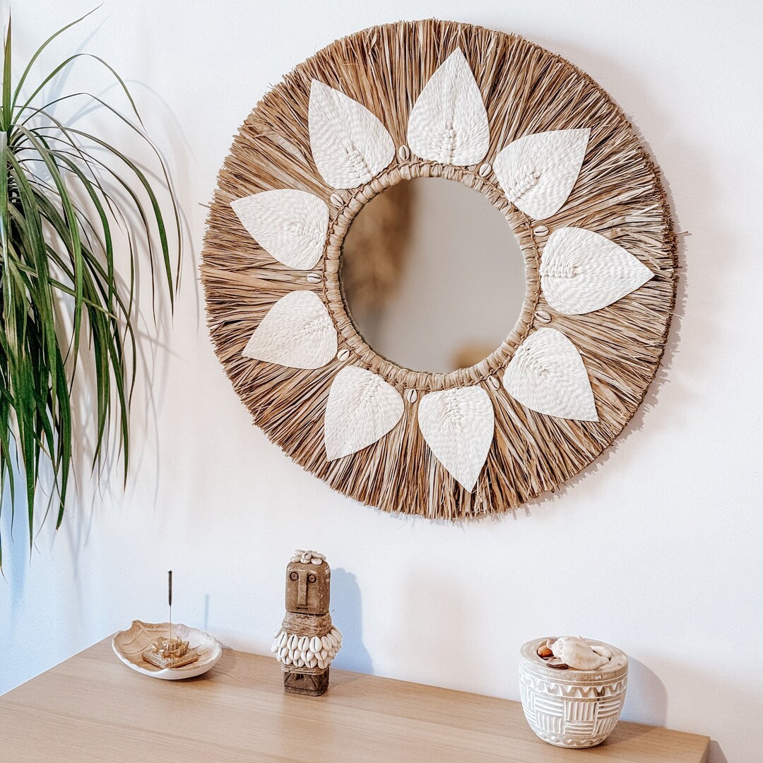 Balinese Round Mirror Raffia and Shells Wall Hanging Raffia Mirror