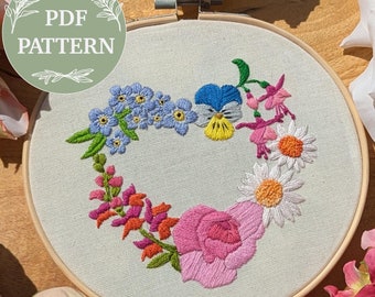 Heart of Flowers Embroidery PDF Pattern, Beginner Friendly - including stitch and colour guide (Digital Download)