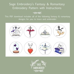 May include: A digital embroidery pattern featuring fantasy and romantasy designs. The image includes circular illustrations of dragons, swords, books, butterflies, and a skull. Text reads "Sage Embroidery's Fantasy & Romantasy Embroidery Pattern with Instructions."
