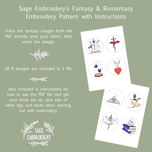 May include: Digital embroidery pattern set with instructions. The design features fantasy-themed illustrations, including a sword, dragon, and butterflies. The text reads "Sage Embroidery's Fantasy & Romantasy Embroidery Pattern with Instructions."