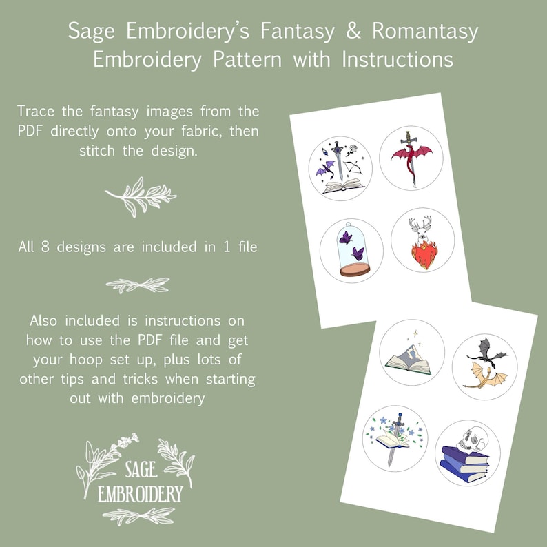 May include: Digital embroidery pattern set with instructions. The design features fantasy-themed illustrations, including a sword, dragon, and butterflies. The text reads "Sage Embroidery's Fantasy & Romantasy Embroidery Pattern with Instructions."