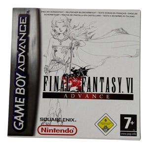 Peut inclure: Boîte de jeu Game Boy Advance pour Final Fantasy VI Advance. La boîte est blanche avec un titre noir et rouge et une illustration en noir et blanc d'un personnage féminin.
