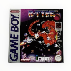 May include: A Game Boy cartridge for the game R-Type. The box art features a red alien creature with large eyes and sharp teeth. The game is published by IREM America Corp. and is a Nintendo Game Pak.