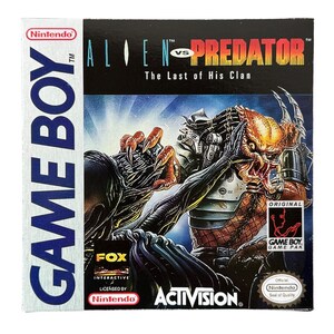 May include: A Game Boy game cartridge for Alien vs Predator: The Last of His Clan. The cartridge is blue and silver with a black and white image of an alien and a predator fighting. The game is published by Activision and licensed by Fox Interactive.