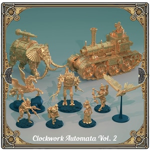 以下が含まれることがあります： スチームパンクをテーマにした列車、象、鳥、その他の生き物を描いた金色のミニチュアフィギュアのセット。このセットは、Clockwork Automata Vol. 2コレクションの一部です。