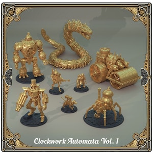 Może przedstawiać: Zestaw ośmiu złotych figurek robotów w stylu steampunk. Zestaw zawiera robota z cylindrem, robota z dużą głową, robota z długą szyją, robota z długim ogonem, robota z dużym kołem, robota z małym kołem, robota z długim ramieniem i robota z krótkim ramieniem. Zestaw nazywa się "Clockwork Automata Vol. 1".