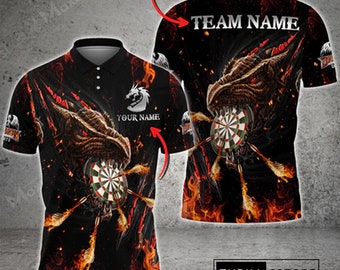 Custom Name Fire Dragon Darts Polo - 3D Graphic Shirt, Ideal for Casual Wear, Dragon Lover's Gift, Gift for Dart Teams & Leagues