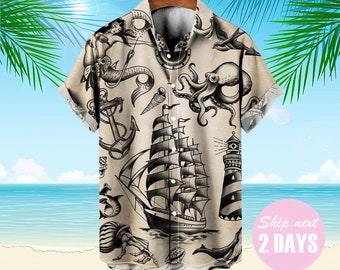 Vintage Hawaiian Shirts Nautical Mermaid Boat Easy Care Aloha Shirts, Octopus Shirt, Boat Hawaiian Beach Shirt, Hawaiian Shirt Summer