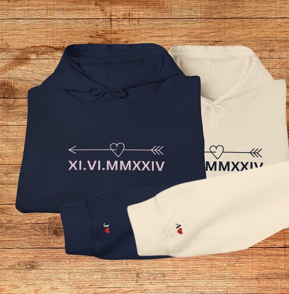 Sweats à Capuche Brodés Personnalisés Pour Couple - Cadeau Anniversaire, Mariage, Avec Initiales Et Cœur - 7