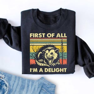 First Of All I&#39;m A Delight Sarcastic Angry Opossum Lover Shirt Cute Sarcastic Self Love Shirt Sarcasm shirt Sarcasm sweatshirt Custom gift