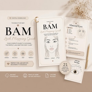 May include: A digital download lash mapping guide by The Beauty by Bam featuring instructional pages with diagrams of eye shapes, lash maps, and expert tips. The beige and white documents include text, line art of a face, and icons for lash artists.