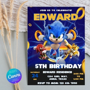 Invitación de cumpleaños editable de Sonic | Plantilla imprimible para fiesta de erizo | Invitación para niño y niña | Descarga instantánea
