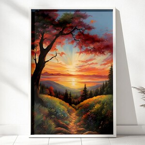 Scenic Sunset Nature Landscape Art Print, Colorful Nature Landscape Digital Art, Sunset Natural Landscape Illustration Art, Sunset Wall Art