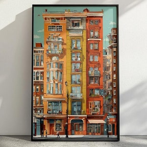 Colorful Urban Architecture Illustration Art Print, Vibrant City Building Wall Decor, Modern Cityscape Artwork, Bohemian Home Decoration