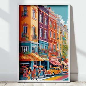 Colorful City Street Illustration Art Print, Vibrant Urban Wall Decor, Modern Cityscape Artwork, Bright Bohemian Home Decoration