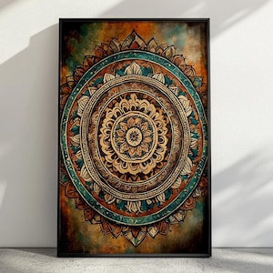 Boho Mandala Art Print - Rustic Wall Decor for Living Room, Bohemian Sacred Geometry Art for Yoga, Meditation, and Peaceful Spaces