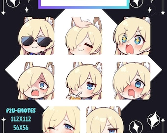 May include: A set of cartoon emotes featuring a character with blonde hair and animal ears. The emotes show different expressions, such as wearing sunglasses, smiling, and looking surprised. The text "KANNA" is at the top, and "P2U-EMOTES" with pixel dimensions are at the bottom.