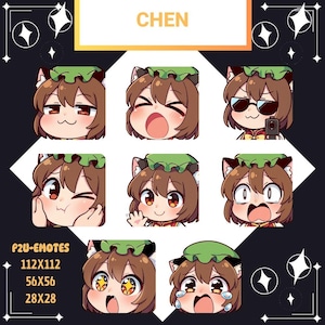 Puede incluir: Un conjunto de emoticonos temáticos de Chen con diversas expresiones, incluyendo sonrisas, guiños y llanto. Los emoticonos presentan un personaje con cabello castaño, orejas de gato y un sombrero verde. El texto "CHEN" está en la parte superior y "P2U-EMOTES" en la inferior.