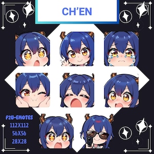 Puede incluir: Un conjunto de emoticonos digitales que presentan un personaje con cabello azul y cuernos. Los emoticonos muestran diversas expresiones, incluyendo sorpresa, tristeza y un guiño juguetón. El texto "CH'EN" está en la parte superior.