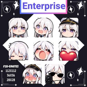 Puede incluir: Una colección de emoticonos de estilo anime que presentan a un personaje con cabello blanco y ojos morados. Los emoticonos muestran varias expresiones, incluyendo sorpresa, enfado y sosteniendo un corazón. La palabra "Enterprise" está en la parte superior.