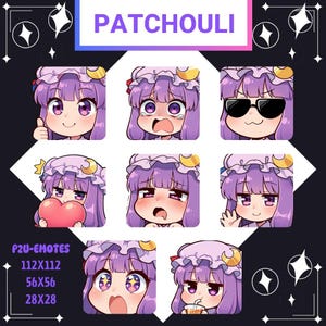 Op de afbeelding: Een verzameling van zeven vierkante emotes met een stripfiguur met paars haar en een muts. De emotes tonen verschillende uitdrukkingen, waaronder huilen en een zonnebril. Het woord "PATCHOULI" staat bovenaan.