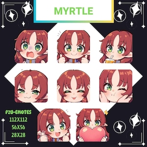 Op de afbeelding: Een verzameling van zeven cartoon-emotes met een personage met rood haar en groene ogen, elk met een andere uitdrukking. Het woord "MYRTLE" staat bovenaan. De afbeelding bevat ook maatdetails voor de emotes.