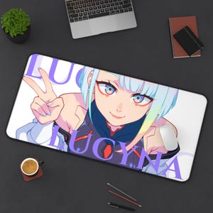 Cyberpunk Girl Desk Mat, Gaming Mouse Pad, Computer Desk Accessory, Neon Office Decor, Cool Workstation Mat