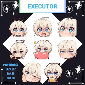May include: A collection of chibi-style digital emotes featuring a character with white hair and blue eyes. The emotes display various expressions, including joy, surprise, and holding a heart. The word "EXECUTOR" is at the top.