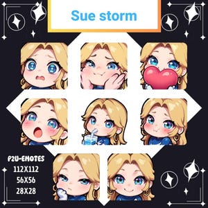 Paquete de emoticonos de Twitch (8x), Rivals - Sue Storm, Recursos de streaming, Emotes para YouTube, Twitch, Discord y Kick, Emotes de Twitch, Emotes de Vtuber