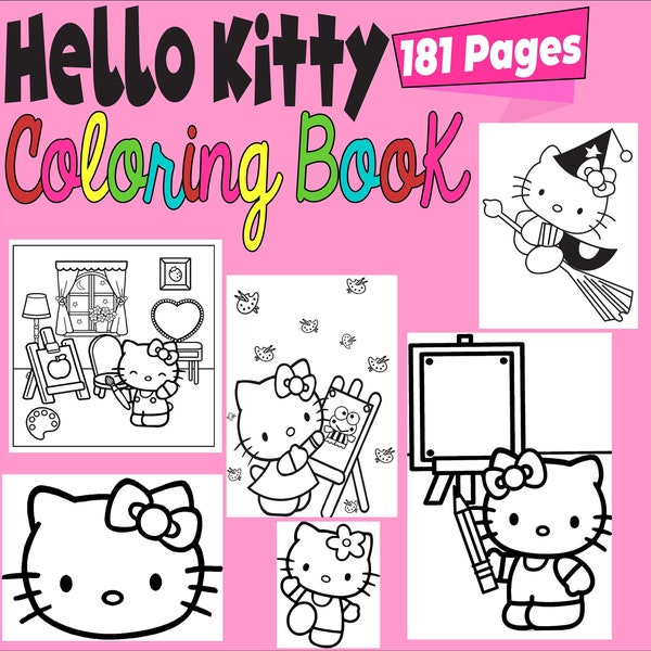 Kitty Jumbo Coloring Book, 182 Pages, Kids & Adult Art, Instant Download  | 3 Free Gift Coloring Books