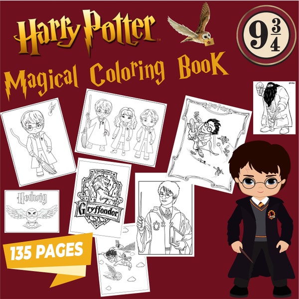 H. P. Magical Coloring Book, 135 Pages, Kids & Adult Art, Instant Download | 3 Free Gift Coloring Books
