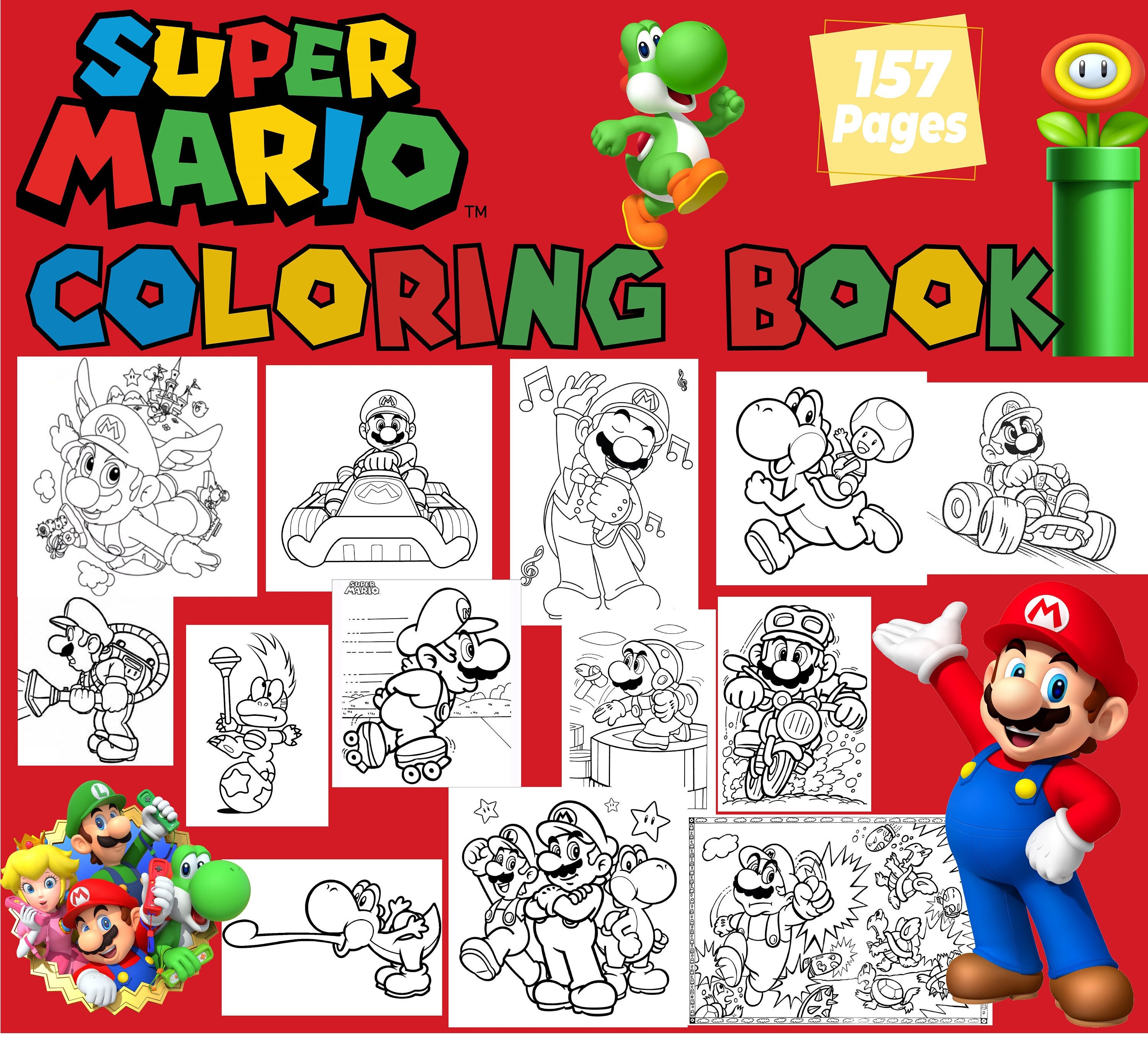 Super Mario Jumbo Coloring Book, 157 Pages, Kids & Adult Art, Instant