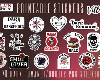 20 Digital Dark Romance Reader Stickers, Printable Dark Romance Booktok Sticker Bundle, Villain, Romance, GoodNotes, Kindle, PNG Printable