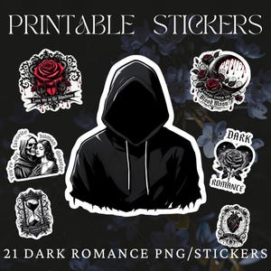 Puede incluir: Una colección de pegatinas imprimibles con temática de romance oscuro. Las pegatinas presentan imágenes góticas, incluyendo rosas, una figura encapuchada, una calavera y frases como "Love me in the Shadows" y "Dark Romance". También es visible el texto "21 Dark Romance PNG/Stickers".