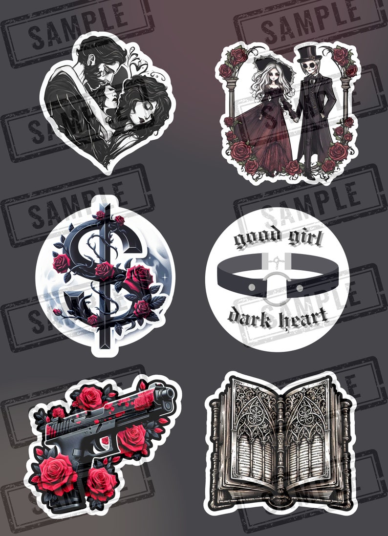 May include: Set of six stickers featuring gothic and dark aesthetic designs. The stickers include a couple embracing, a skeleton couple, a dollar sign with roses, a choker with the text "good girl dark heart", a gun with roses, and a gothic book.
