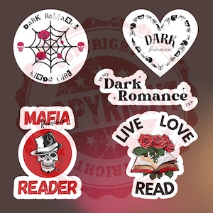 May include: A set of six stickers with a dark romance theme. The stickers feature skulls, roses, spiderwebs, books, and the text "Dark Romance".
