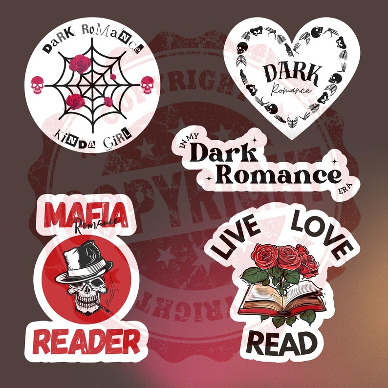 May include: A set of six stickers with a dark romance theme. The stickers feature skulls, roses, spiderwebs, books, and the text "Dark Romance".