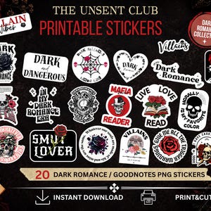 Könnte beinhalten: Ein Set aus 20 druckbaren Aufklebern mit Dark-Romance-Motiven, Totenköpfen, Rosen und Texten wie Dark and Dangerous, Smut Lover und Villains. Die Aufkleber sind in Schwarz, Weiß und Rot gehalten und für den digitalen Gebrauch oder zum Ausdrucken gedacht.