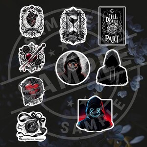 May include: A collection of gothic-themed stickers featuring hearts, hourglasses, roses, and hooded figures. Some stickers include text like "Beauty in the Broken," "Time Cannot Heal," and "Till Death Do Us Part." The stickers are black and white with red accents.