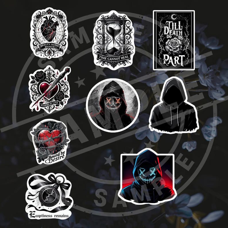 May include: A collection of gothic-themed stickers featuring hearts, hourglasses, roses, and hooded figures. Some stickers include text like "Beauty in the Broken," "Time Cannot Heal," and "Till Death Do Us Part." The stickers are black and white with red accents.