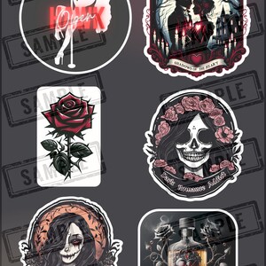 May include: Set of six stickers featuring dark romance themes. The stickers include a woman in a red dress dancing on a pole, a couple standing in front of a spooky house, a red rose with thorns, a skull with a floral crown, a woman with dark makeup and a skull-like face, and a bottle with a heart inside.