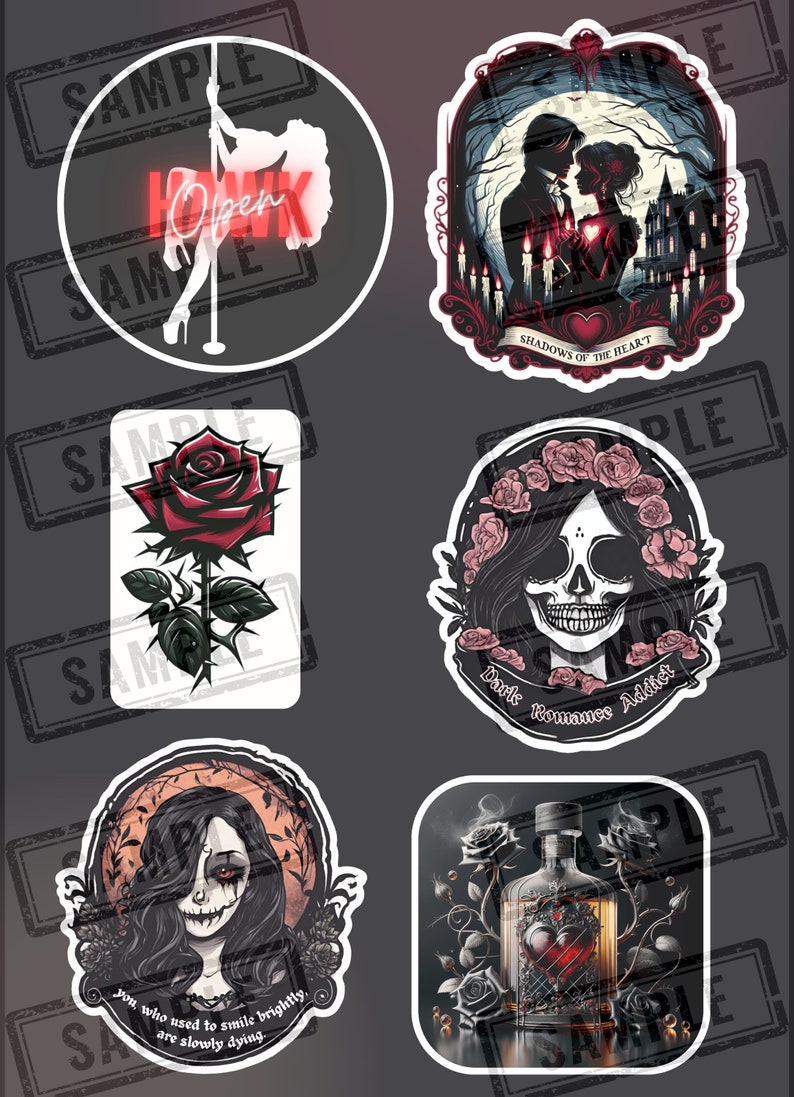 May include: Set of six stickers featuring dark romance themes. The stickers include a woman in a red dress dancing on a pole, a couple standing in front of a spooky house, a red rose with thorns, a skull with a floral crown, a woman with dark makeup and a skull-like face, and a bottle with a heart inside.