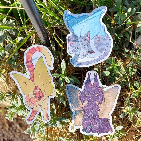 Fairy winged war cats holographic stickers