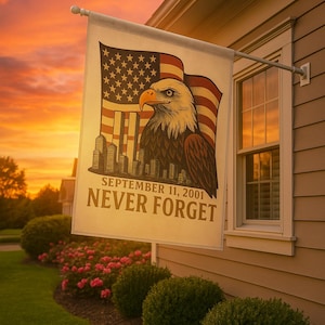 9-11 Never Forget Flag- Patriotic Eagle Twin Towers Garden or House Flag September 11 Outdoor Banner 12x18 & 24.5x32 Double-Sided - White